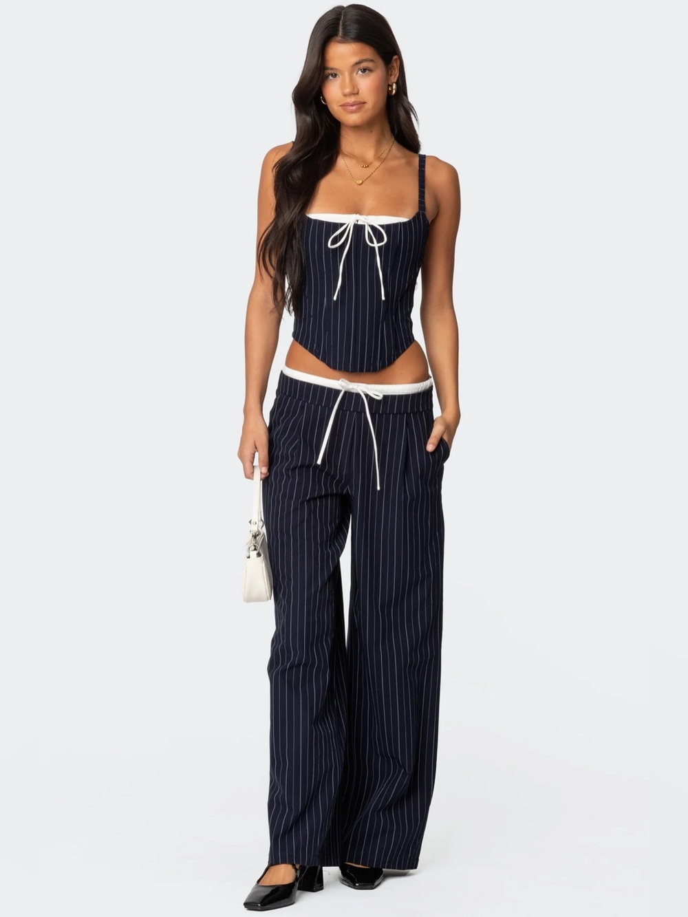 Edikted Navy Pinstripe Wide-Leg Peekaboo Drawstring Pants - size S